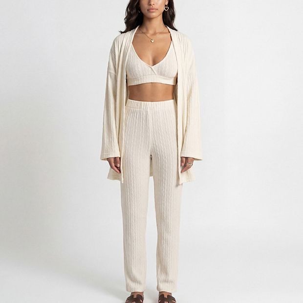 Women's 3-Piece Pajama Set with Textured Woven Knit Bra Top Open