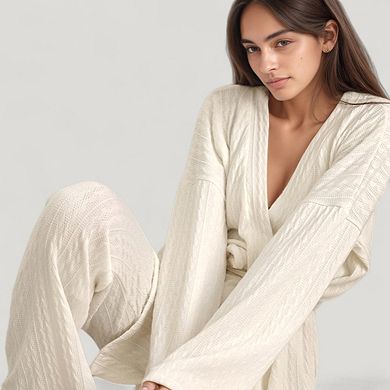 Women's 3-Piece Pajama Set with Textured Woven Knit Bra Top Open Cardigan and High Waist Pants