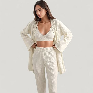 Women's 3-Piece Pajama Set with Textured Woven Knit Bra Top Open Cardigan and High Waist Pants