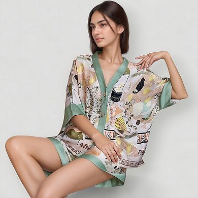 Women's Animal Print Pajama Set with Short Sleeves Button-Up Top and Contrast Trim Shorts
