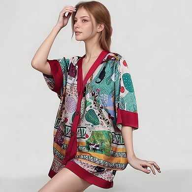 Women's Animal Print Pajama Set with Short Sleeves Button-Up Top and Contrast Trim Shorts