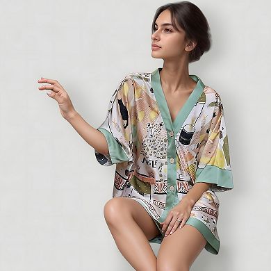 Women's Animal Print Pajama Set with Short Sleeves Button-Up Top and Contrast Trim Shorts