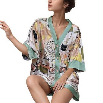 Women's Animal Print Pajama Set with Short Sleeves Button-Up Top and Contrast Trim Shorts