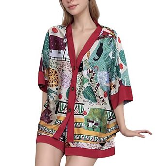 Women's Animal Print Pajama Set with Short Sleeves Button-Up Top and Contrast Trim Shorts