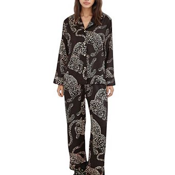 Women's Animal Print Woven Pajama Set with Button Front Long Sleeve Top and Relaxed Fit Pants