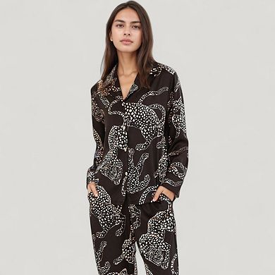 Women's Animal Print Woven Pajama Set with Button Front Long Sleeve Top and Relaxed Fit Pants