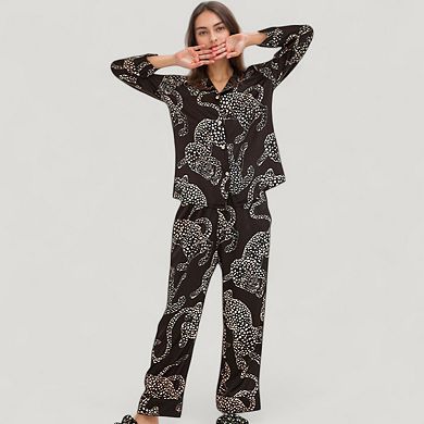 Women's Animal Print Woven Pajama Set with Button Front Long Sleeve Top and Relaxed Fit Pants
