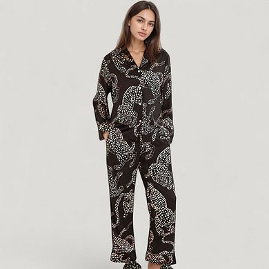 Women's Animal Print Woven Pajama Set with Button Front Long Sleeve Top and Relaxed Fit Pants