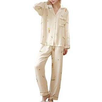 Women's Button-Down Two-Piece Pajama Set with Allover Whimsical Print and Chest Pocket