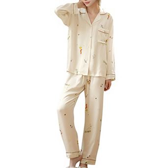 Women's Button-Down Two-Piece Pajama Set with Allover Whimsical Print and Chest Pocket