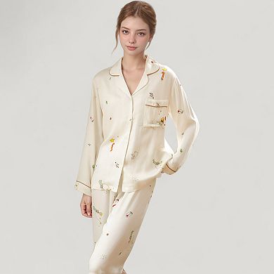 Women's Button-Down Two-Piece Pajama Set with Allover Whimsical Print and Chest Pocket
