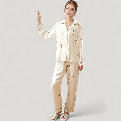Women's Button-Down Two-Piece Pajama Set with Allover Whimsical Print and Chest Pocket