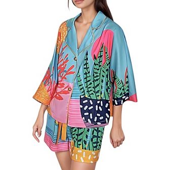 Women's Botanical Print Pajama Set with Long Sleeves Notch Collar Button Front and Matching Shorts