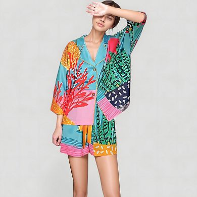 Women's Botanical Print Pajama Set with Long Sleeves Notch Collar Button Front and Matching Shorts