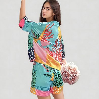 Women's Botanical Print Pajama Set with Long Sleeves Notch Collar Button Front and Matching Shorts