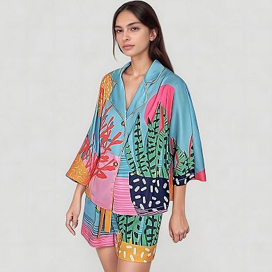 Women's Botanical Print Pajama Set with Long Sleeves Notch Collar Button Front and Matching Shorts