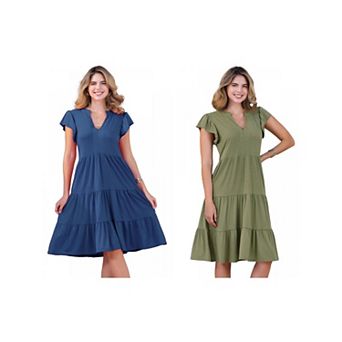 2 Packs Women's Ruffle Sleeve Summer Sundress Tiered V Neck Midi Dress with Pockets