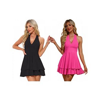 2 Packs Halter Dress for Women's Party Deep V Neck Backless Layer Mini Dress