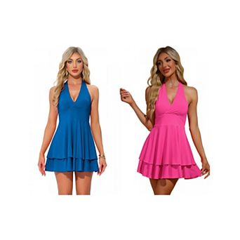 2 Packs Halter Dress for Women's Party Deep V Neck Backless Layer Mini Dress