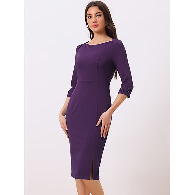 2 Packs Women's Elegant Boat Neck 3/4 Sleeves Wear to Work Midi Split Sheath Dress