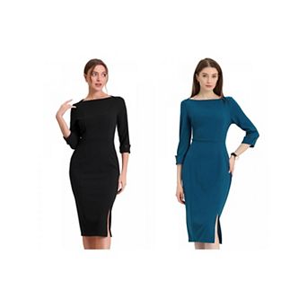 2 Packs Women's Elegant Boat Neck 3/4 Sleeves Wear to Work Midi Split Sheath Dress
