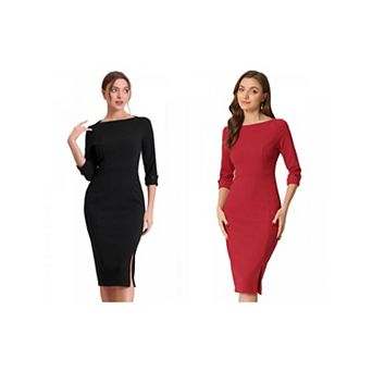 2 Packs Women's Elegant Boat Neck 3/4 Sleeves Wear to Work Midi Split Sheath Dress