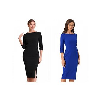 2 Packs Women's Elegant Boat Neck 3/4 Sleeves Wear to Work Midi Split Sheath Dress