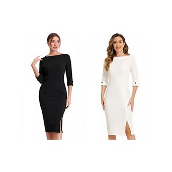 2 Packs Women's Elegant Boat Neck 3/4 Sleeves Wear to Work Midi Split Sheath Dress