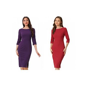 2 Packs Women's Elegant Boat Neck 3/4 Sleeves Wear to Work Midi Split Sheath Dress