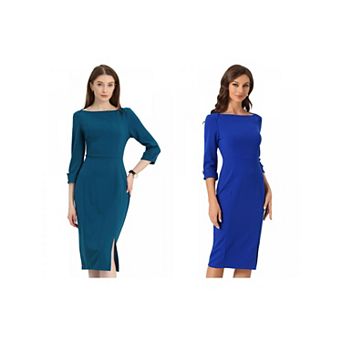 2 Packs Women's Elegant Boat Neck 3/4 Sleeves Wear to Work Midi Split Sheath Dress