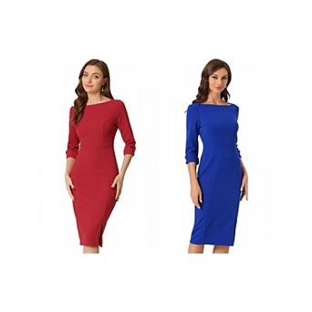 2 Packs Women's Elegant Boat Neck 3/4 Sleeves Wear to Work Midi Split Sheath Dress