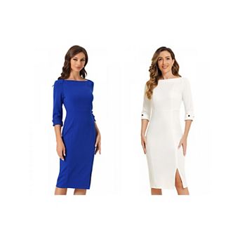 2 Packs Women's Elegant Boat Neck 3/4 Sleeves Wear to Work Midi Split Sheath Dress