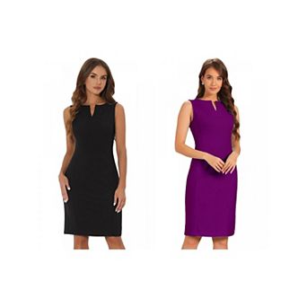 2 Packs Women's V Neck Work Business Sleeveless Bodycon Mid-Length Pencil Dresses