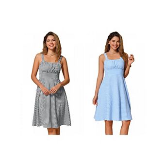 2 Packs Vintage Sleeveless Dress for Women's Plaid Ruched Summer A-Line Flowy Midi Dresses
