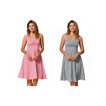 2 Packs Vintage Sleeveless Dress for Women's Plaid Ruched Summer A-Line Flowy Midi Dresses