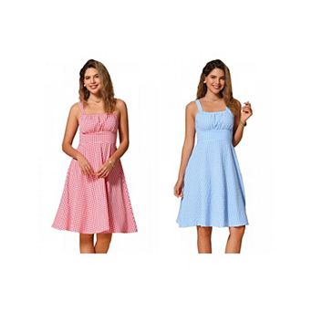 2 Packs Vintage Sleeveless Dress for Women's Plaid Ruched Summer A-Line Flowy Midi Dresses