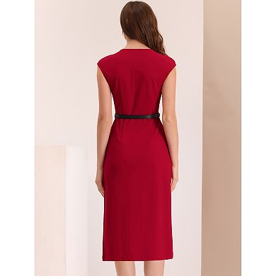 2 Packs Elegant Office Dress for Women's Round Neck Cap Sleeve Belted Work Sheath Dresses