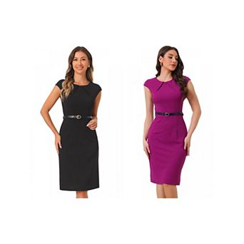 2 Packs Elegant Office Dress for Women's Round Neck Cap Sleeve Belted Work Sheath Dresses