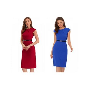 2 Packs Elegant Office Dress for Women's Round Neck Cap Sleeve Belted Work Sheath Dresses