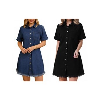 2 Packs Women's Denim Dress Button Front Frayed Hem Collared Short Sleeve Jean Shirt Dresses