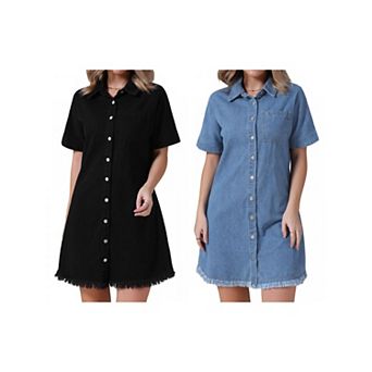 2 Packs Women's Denim Dress Button Front Frayed Hem Collared Short Sleeve Jean Shirt Dresses