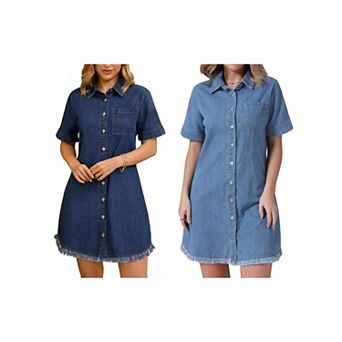 2 Packs Women's Denim Dress Button Front Frayed Hem Collared Short Sleeve Jean Shirt Dresses