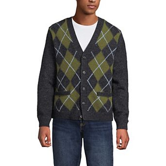 Men's Lands' End Long Sleeve Fuzzy Argyle Cardigan Sweater