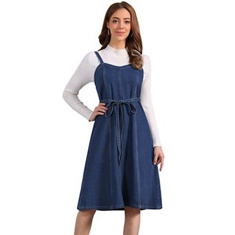 Women Midi Denim Dress Sleeveless Sweetheart Neck Smocked Cross Back A-Line Belted Jean Dresses