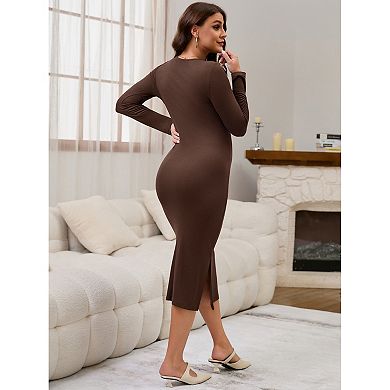 Women's Split Maternity Dress Long Sleeve Henley Collar Button Bodycon Ribbed Knit Pregnancy