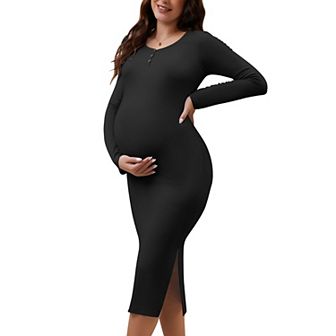 Women's Split Maternity Dress Long Sleeve Henley Collar Button Bodycon Ribbed Knit Pregnancy