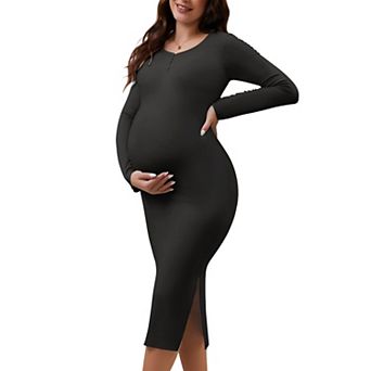 Women's Split Maternity Dress Long Sleeve Henley Collar Button Bodycon Ribbed Knit Pregnancy