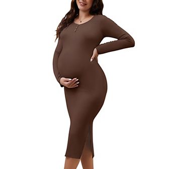Women's Split Maternity Dress Long Sleeve Henley Collar Button Bodycon Ribbed Knit Pregnancy
