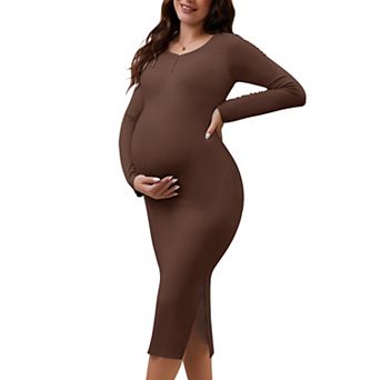 Women's Split Maternity Dress Long Sleeve Henley Collar Button Bodycon Ribbed Knit Pregnancy