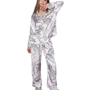 Women's Cheetah Print Woven Pajama Set with Long Sleeve Button Down Top and Relaxed Fit Pants